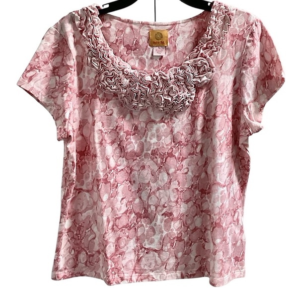 Ruby Rd Pink Floral Top Women's Sz L Fringe Appliqué Short Sleeve Round Neck New - Picture 1 of 15